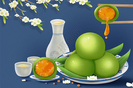 橙汁包装青团梨花清明节插画海报插画