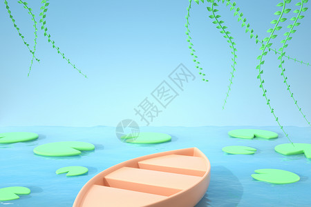 柳树插画春天水面小船场景设计图片