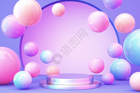 紫色漂浮桃心简约幻彩球体展示台设计图片
