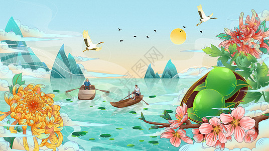 节日主题清明国潮手绘山水风景插画背景图片