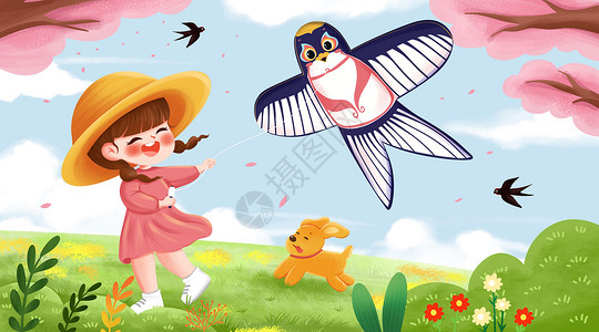 三月樱花放风筝的小女孩插画