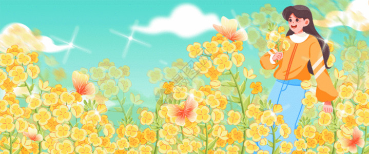 瓶插鲜花春天花丛中的女孩插画GIF高清图片
