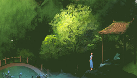 蓝色花枝小鸟春分森林中的女孩GIF高清图片