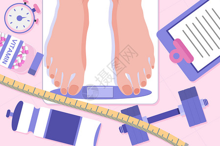 减肥闹钟俯视女孩脚部在电子秤上秤体重插画