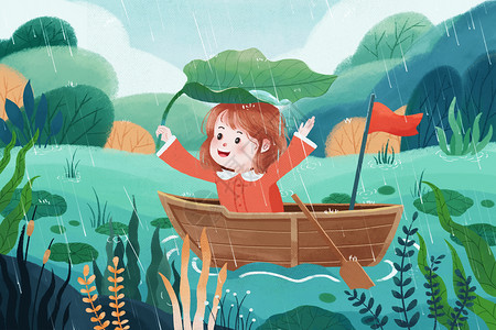 清明节女孩雨天划船游湖主题插画高清图片