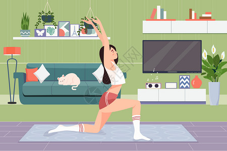 瑜伽减肥展板图片女孩在家练习瑜伽健身减肥插画