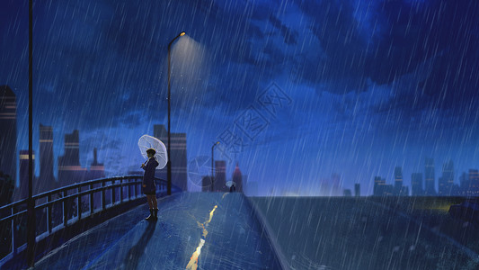 桥上情侣雨中的桥上女孩插图插画