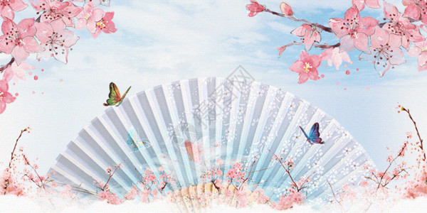 蓝色花朵扇子中国风桃花背景gif动图高清图片