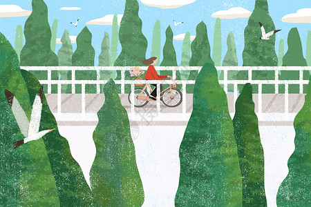 骑自行车的桥春天骑自行车女孩插画