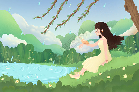 清明雨天在湖边踏青的女孩背景图片