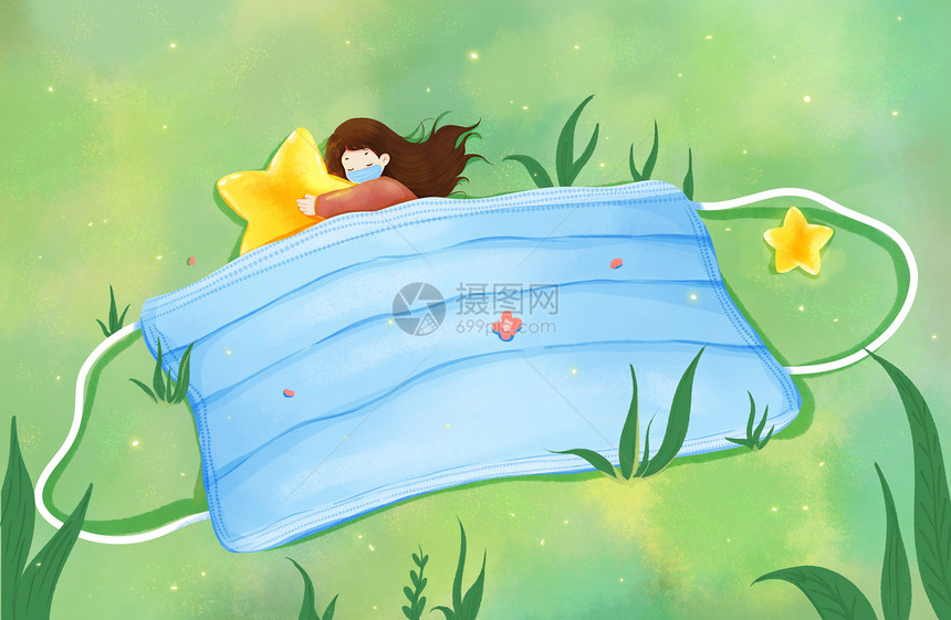 可爱梦幻女孩抱着星星入睡创意防疫插画图片