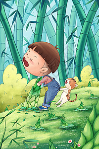 湖南省森林植物园拔竹笋的小男孩和猫咪插画