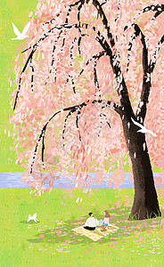 春天樱花树下情侣背景图片
