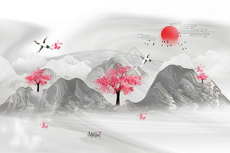 树木水墨国风中式水墨意境樱花背景设计图片