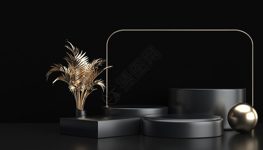 黑色植物花纹高级黑金展台背景设计图片