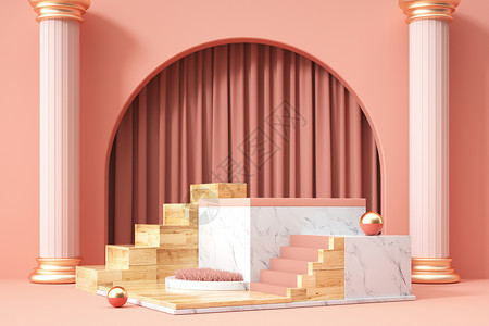 粉色木纹组合展台背景图片