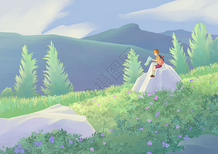 坐在石头上的女孩探险旅游爬山的男生坐在石头上看地图插画