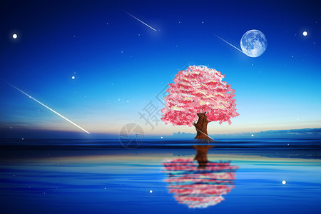 粉色星星树夜空下的樱花树设计图片