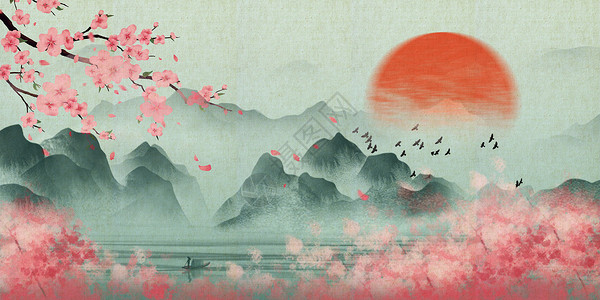 中国风花枝喜鹊古风山水花朵背景设计图片