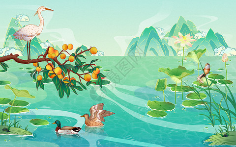 二十四节气立夏山水国潮手绘插画图片
