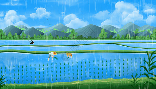 雨云和蓝天谷雨乡村农民在田野里劳作春耕插画背景插画