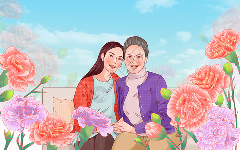 粉色手绘康乃馨母亲节和温暖慈祥妈妈一起拍照国潮手绘插画插画