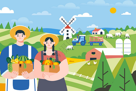 农民夫妇在播种五一劳动节农村夫妇在农村种菜插画