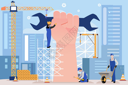 工地工人劳动节工人在建筑工地干活劳动矢量插画插画