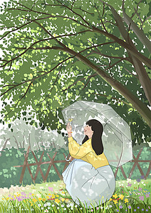 雨过天晴的树下打伞女孩背景图片