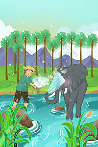泼水男孩和大象一起过泼水节插画