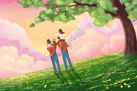 浇树的亲子母亲节一家人出游情亲温馨花海春天节日散步插画