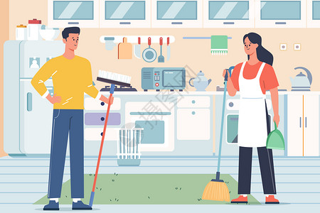 夫妻厨房51劳动节夫妻情侣在家打扫卫生插画
