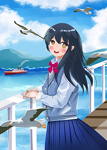 阳台海立夏时节海边微笑的女孩插画