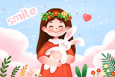 复活节开心兔子抱着玩具开心微笑的女孩插画