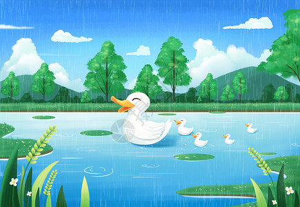 一只鸟儿小清新谷雨春雨小鸭子在荷塘游泳插画背景插画