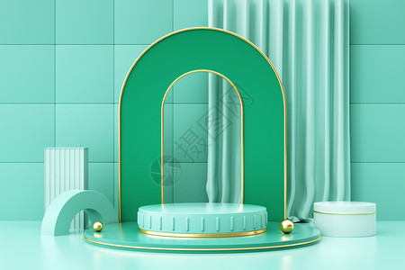 金绿色的素材清新绿金拱门展台设计图片