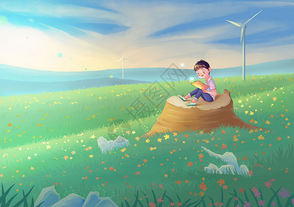 鼓掌男孩坐姿夏季草地树桩上中阅读的少年插画
