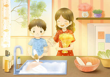 拿着花束的男孩母亲节帮妈妈洗碗的孩子插画