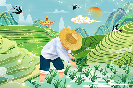 卡通小清新中国风谷雨24节气种田插画背景图片