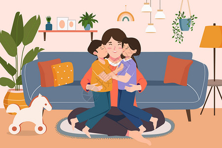 儿子和女儿母亲节孩子在家拥抱妈妈插画