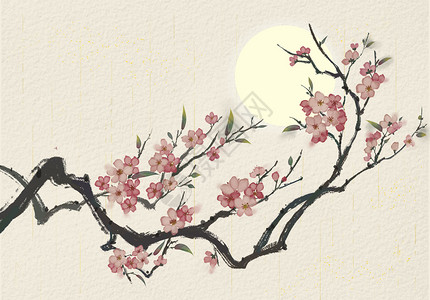 花卉餐厅装饰画中国风水墨桃花背景插画