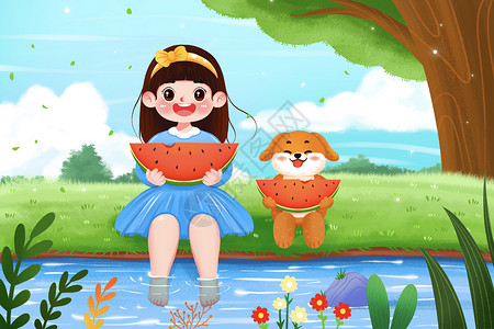 吃西瓜的狗带着小狗在河边吃西瓜的女孩插画