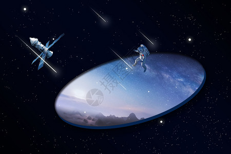 夜空流星湖反射星空下的宇航员设计图片