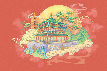 红色西安国潮风古风建筑风景插画背景图片