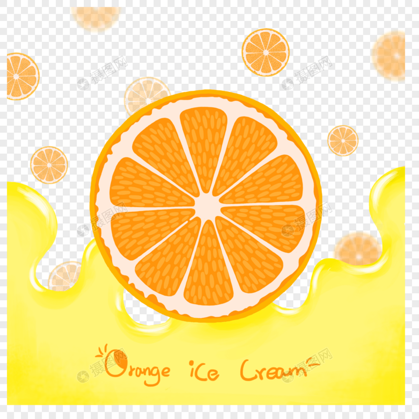 夏日橘子橙黄色水果冰淇淋水滴可爱风原创纯手绘图片