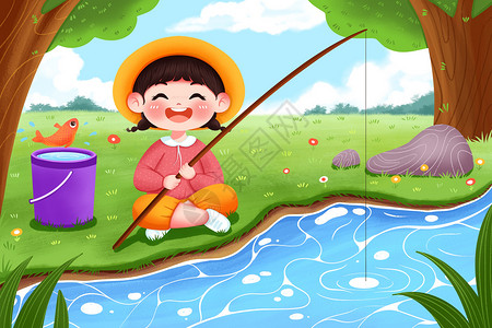 在河边钓鱼的女孩插画图片