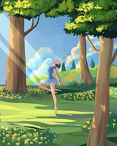 阳光下舞蹈森林里跳舞的女孩插画插画