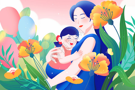 母亲节温馨花丛母女拥抱扁平插画图片