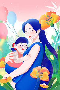 母亲节温馨花丛母女拥抱扁平竖版插画背景图片