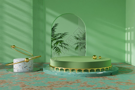 绿地毯素材绿金大理石几何展台设计图片